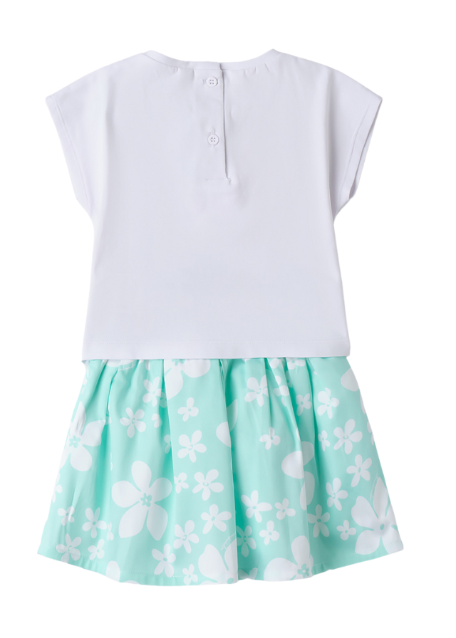 Set 2 Piese Tricou Alb si Fusta Verde Menta cu Imprimeu Flori Albe 0.B345/00 Sarabanda