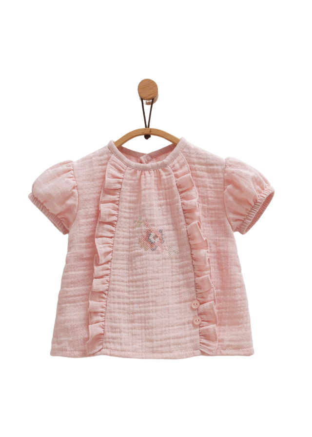 Set 2 Piese Muselina Roz Pudra Bluza cu Maneca Scurta si Pantaloni Scurti Little Girl TKK1662 Mell Sweet BaSy