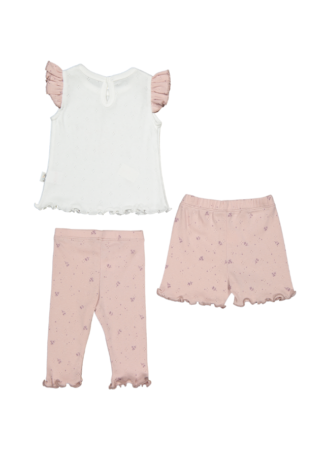 Set 3 Piese Crem cu Roz Pudra Top si 2 Perechi Pantaloni Nature F1384 Bebetto