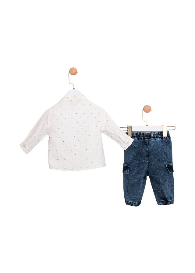 Set 3 Piese Camasa Crem cu Guler Tunica Pantaloni Lungi Denim si Tricou cu Imprimeu Surf 3610 Mino Baby