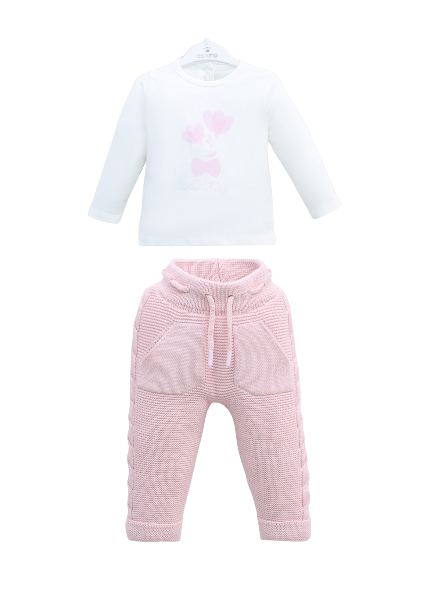 Set 3 Piese Jacheta si Pantaloni Tricotate Roz si Bluza Bumbac 8032 Leo King