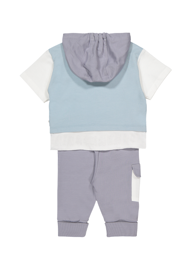 Set 2 Piese Hanorac cu Maneca Scurta si Pantaloni Lungi Bleu cu Gri Lucky Boy K4695 Bebetto