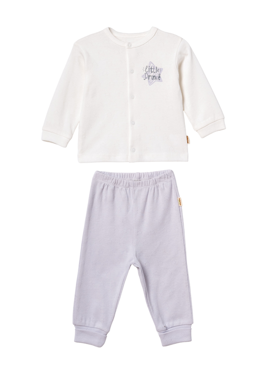 Set 2 Piese din Bumbac Organic Bluza cu Capse Crem si Pantaloni Lungi Gri Little Prince CSYR4528 Baby Cosy