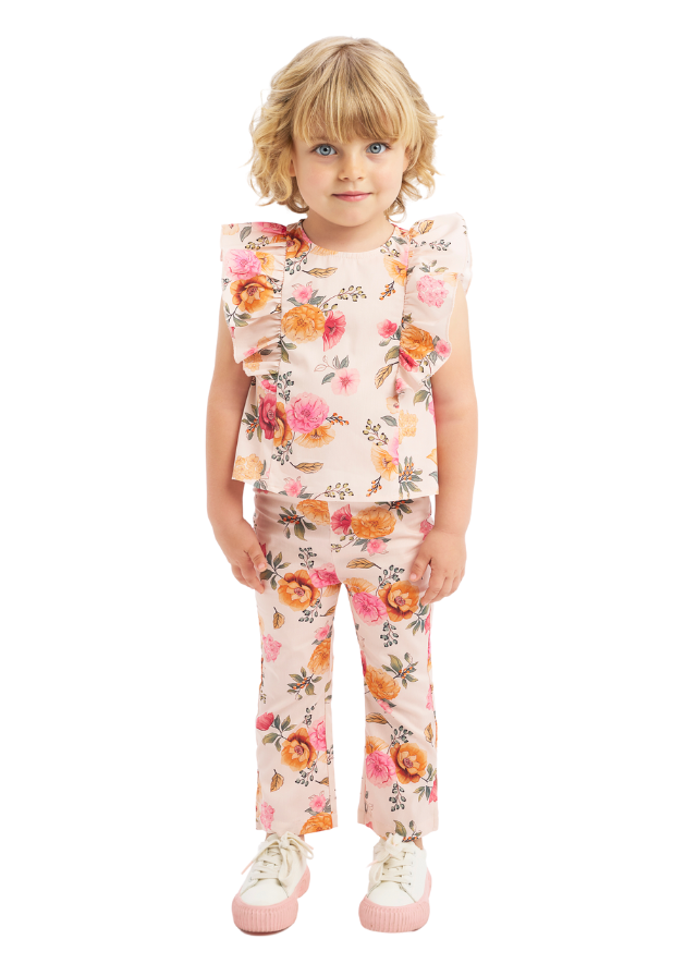 2 Piece Set, Short Sleeve T-Shirt and Long Pants Powder Pink with Orange Flower Print 8285 iDO