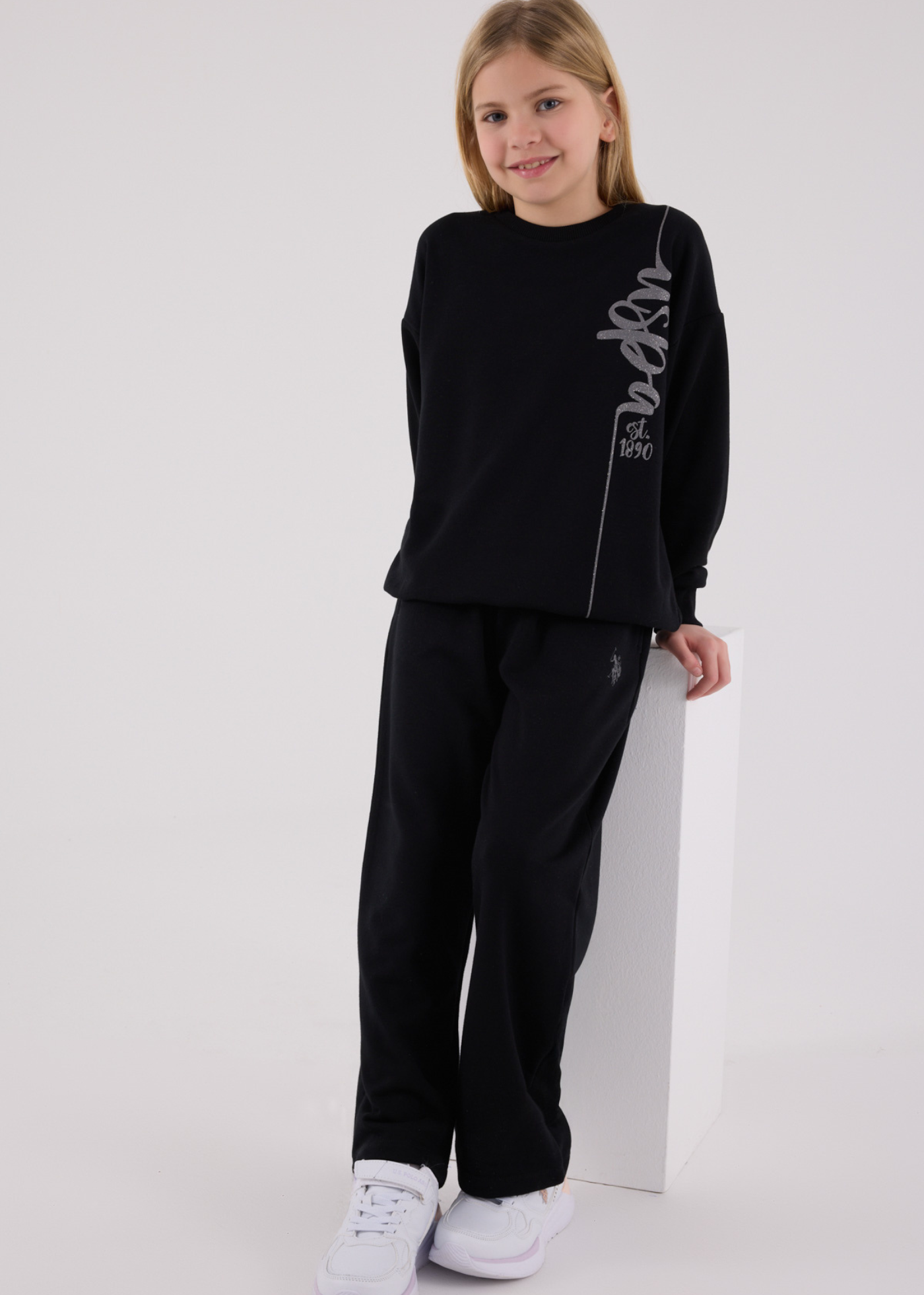 Trening 2 Piese Negru Bluza Sport Oversize si Pantaloni Lungi Evazati US2304-4 Us Polo Assn