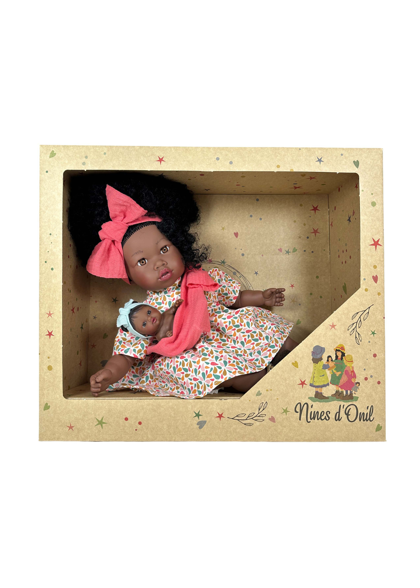 Papusa Parfumata Negresa Alika cu Mecanism Rochita Alba Imprimeu Multicolor si Bebelus in Esarfa – 40 cm – 3782 – Nines