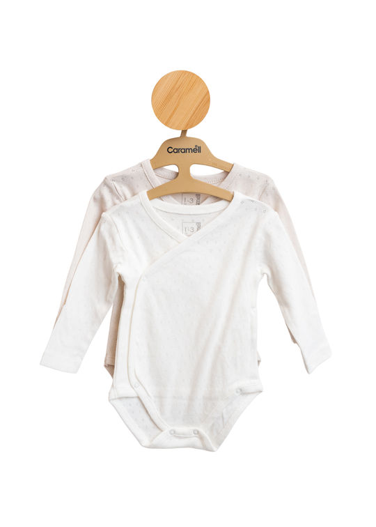 Set 2 Body cu Maneca Lunga din Bumbac Perforat Crem cu Grej cu Norisor BK1551 Mell Sweet Baby