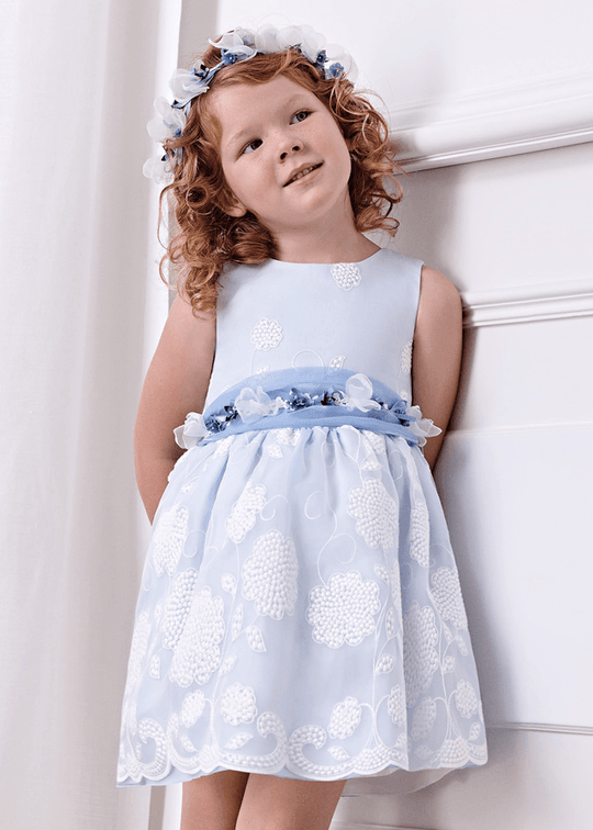 Blue Sleeveless Dress in Embroidered Organza and Cord Waist 5031 Abel &amp; Lula