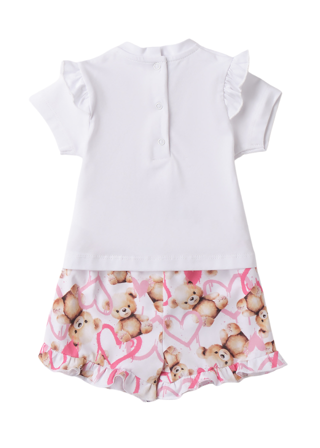 Set 2 Piese Tricou si Pantaloni Scurti Alb cu Imprimeu Ursi si Inimi Roz 3.B753/00 Minibanda