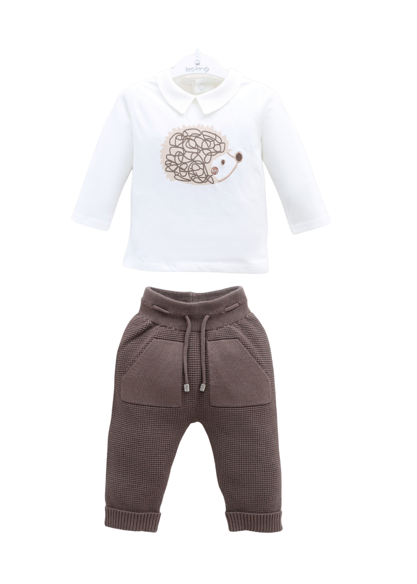 Set 3 Piese Tricotat Bej cu Bluza din Bumbac cu Arici 8030 Leo King