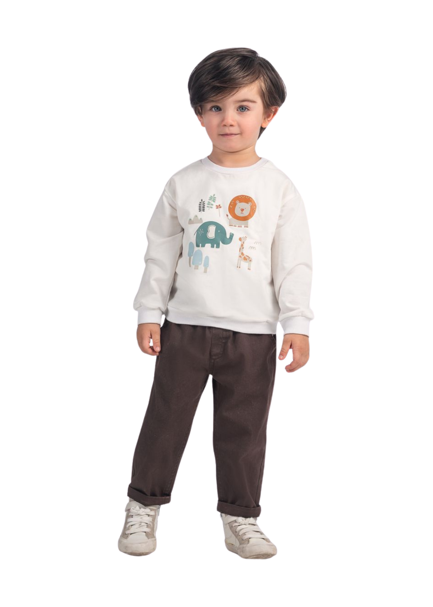 Set 3 piese Vesta Matlasata Bej Bluza Crem Maneca Lunga cu Animale si Pantaloni Lungi Maro 16261 Bebus