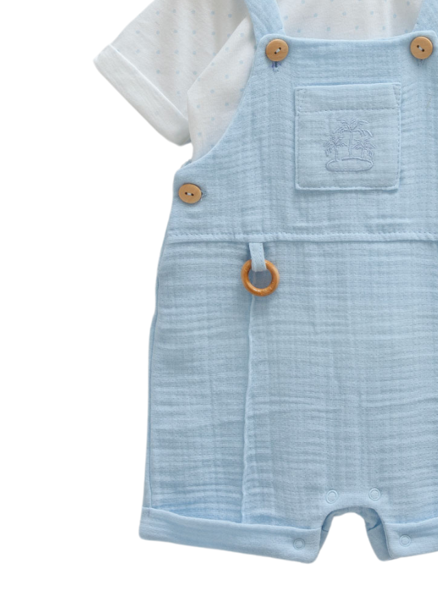 Set 2 Piese Salopta Scurta Bleu din Muselina si Tricou Alb 9768 Mell Sweet Baby