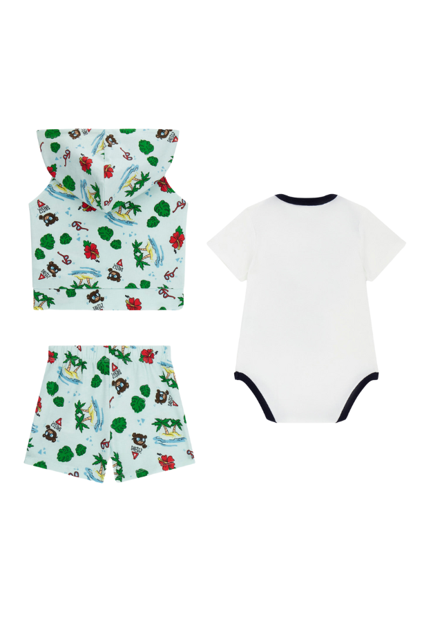 Set 3 Piese Vesta si Pantaloni Scurti Vernil cu Imprimeu Palmieri si Ursi si Body cu Maneca Scurta Crem P5GG05 K6YW1 P95M Guess