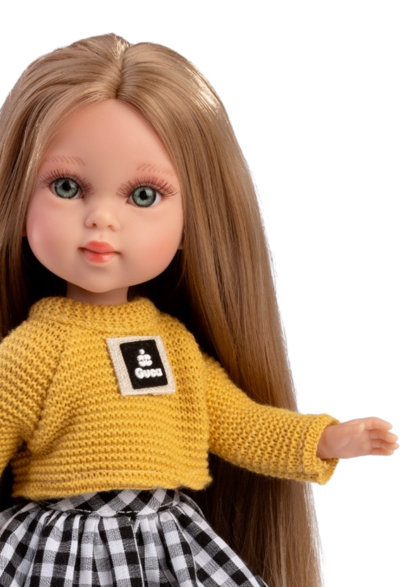 Papusa Mimi 33 cm, Par Saten, Corp Textil cu Rochita Alba Imprimeu FloriceleBleu 968 Guca Munecas