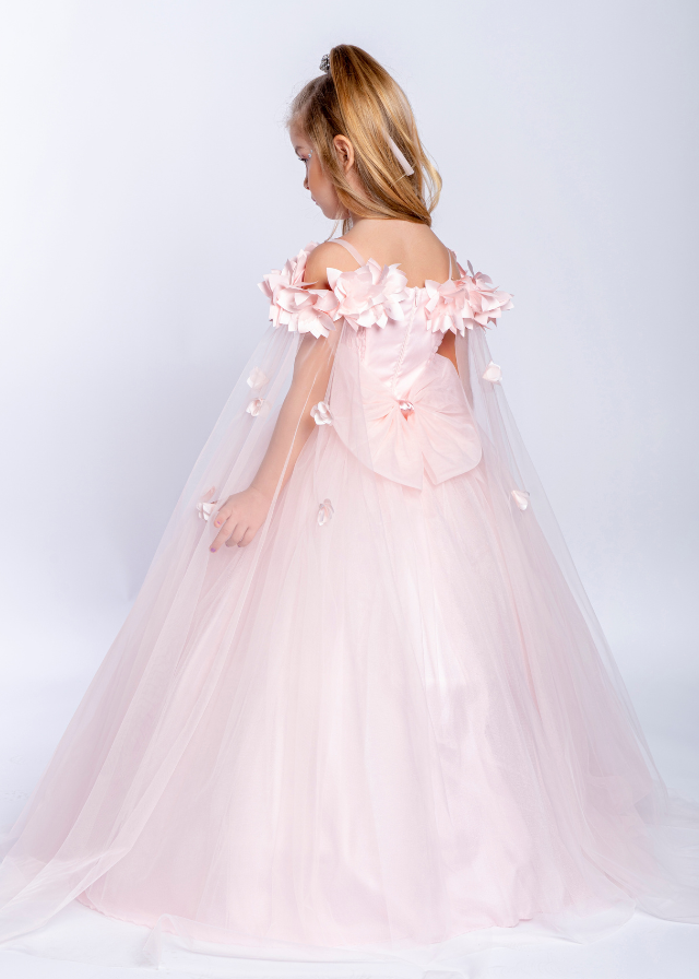 Rochie Eleganta pentru Serbare Lunga din Tull Roz cu Aplicatii pe Maneci 3-11 ani 2233 Kanilla