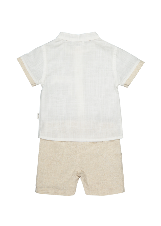 Set 2 Piese Camasa Crem cu Maneca Scurta si Pantaloni Scurti Bej Cool and Stylish K4655 Bebetto