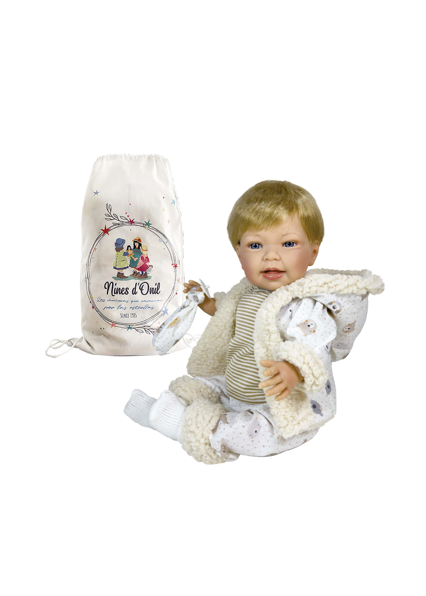 Papusa Parfumata Susi Blonda cu Mecanism, Pantaloni si Jacheta Alba Imprimeu Animale – 45 cm – 6703 – Nines