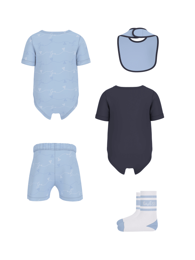 Set 5 Piese Bleu cu Bleumarin 2 Body Pantaloni Scurti Sosete si Baveta H5GW03 K6YW1 G7N1 Guess