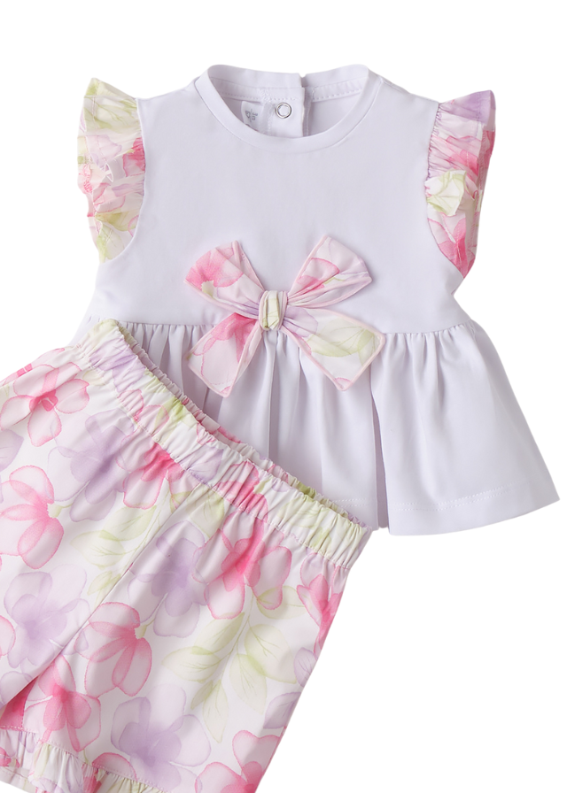 Set 2 Piese Tricou Alb cu Funda si Pantaloni Scurti cu Flori Roz 3.B755/00 col 0113 Minibanda