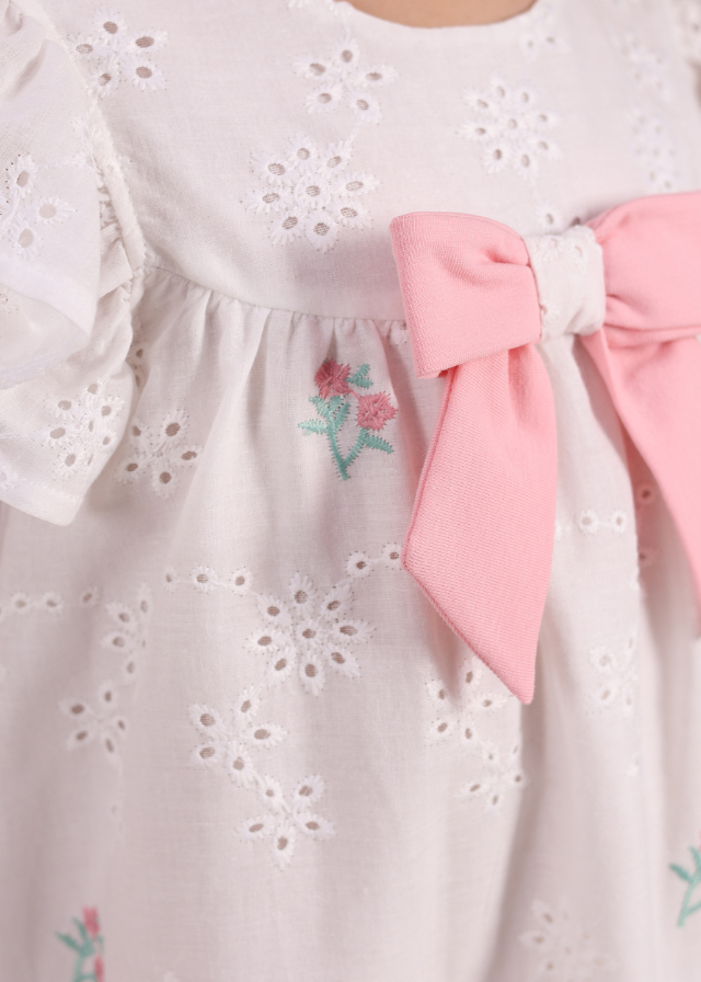 Rochie Alba Broderie din Bumbac cu Funda Roz 756 Connie Baby