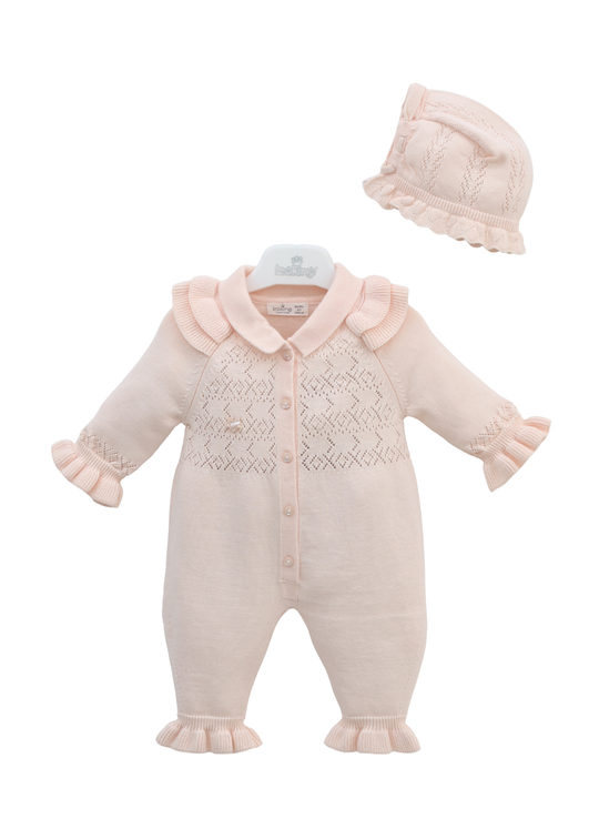 Set Salopeta Lunga Tricotata Somon cu Caciula 7470 Leo King