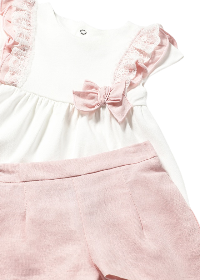 Set 2 Piese Top si Pantaloni Scurti din In cu Bumbac Crem cu Roz 1236 Mayoral