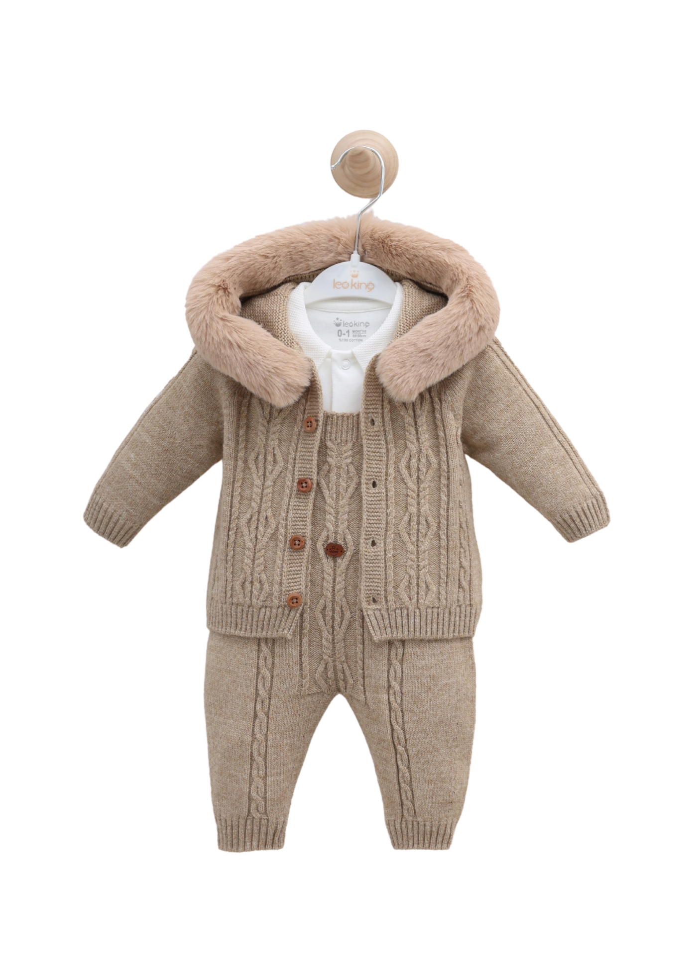 Set 3 Piese Bej Salopeta Lunga si Jacheta cu Lana Merinos cu Blana la Gluga si Salopeta Bumbac 9348 Leo King