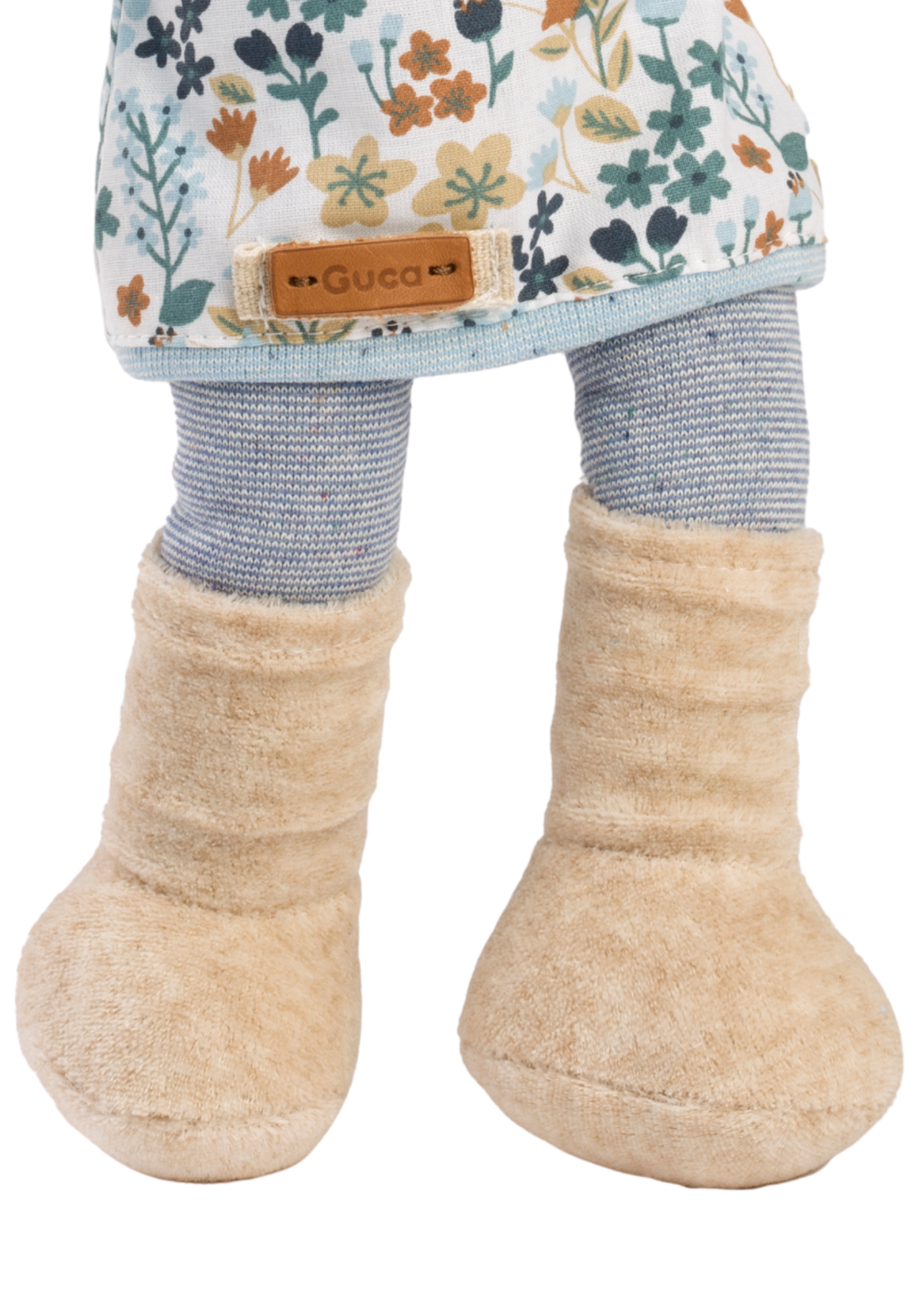 Papusa Mimi 36 cm, Par Saten, Corp Textil cu Rochita Alba Imprimeu FloriceleBleu 968 Guca Munecas