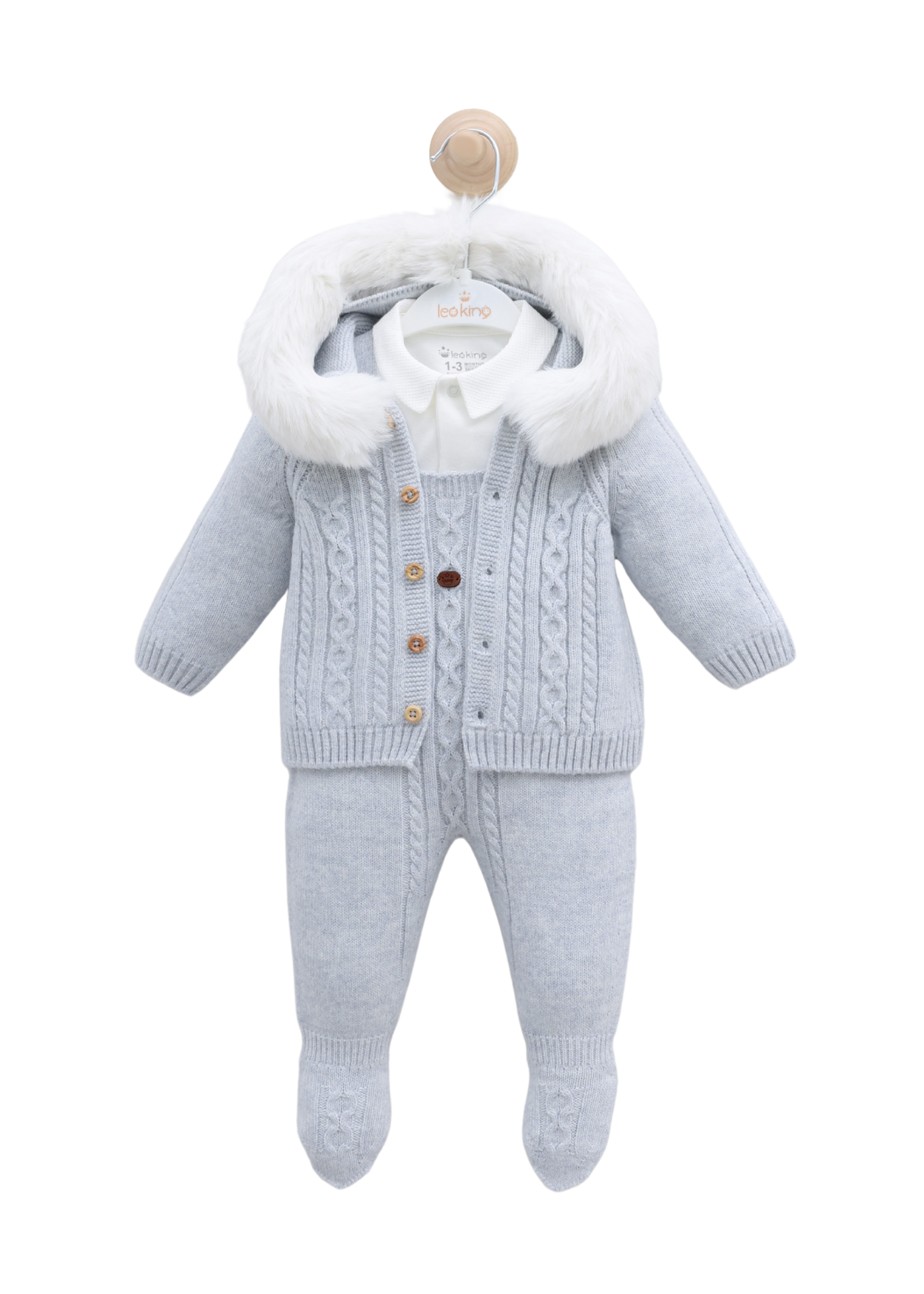 Set 3 Piese Salopeta Lunga Bleu Tricotata si Cardigan cu Blana cu Lana Merinos si Salopeta Bumbac 9337 Leo King