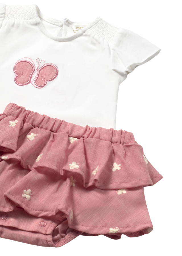 Set 2 Piese Tricou Crem si Chilotel cu Volane Roz Pudra cu Fluturi 1853 Mayoral