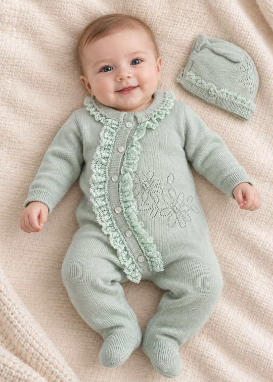 Set 2 Piese Salopeta Tricotata Verde cu Dantela pentru Fete 7418 – Leo King