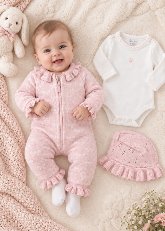 Set 3 Piese Tricotat Roz cu Salopeta, Boneta si Body pentru Fetite 7904/2 – Leo King