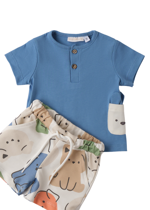 Set 2 Piese Tricou Albastru si Pantaloni Scurti cu Imprimeu Catei 3.B638/00 Minibanda