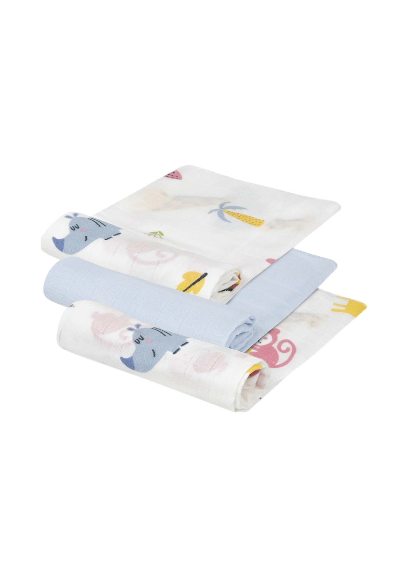 Set 3 Scutece Muselina Bambus Alb-Bleu Imprimeu Animale – 55x70 cm 98977-01 InterBaby