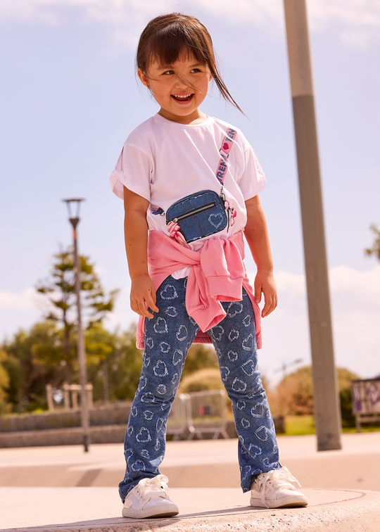 Set 2 Piese Tricou Maneca Scurta Ivory si Colanti Denim Evazati cu Inimi 3730 Mayoral