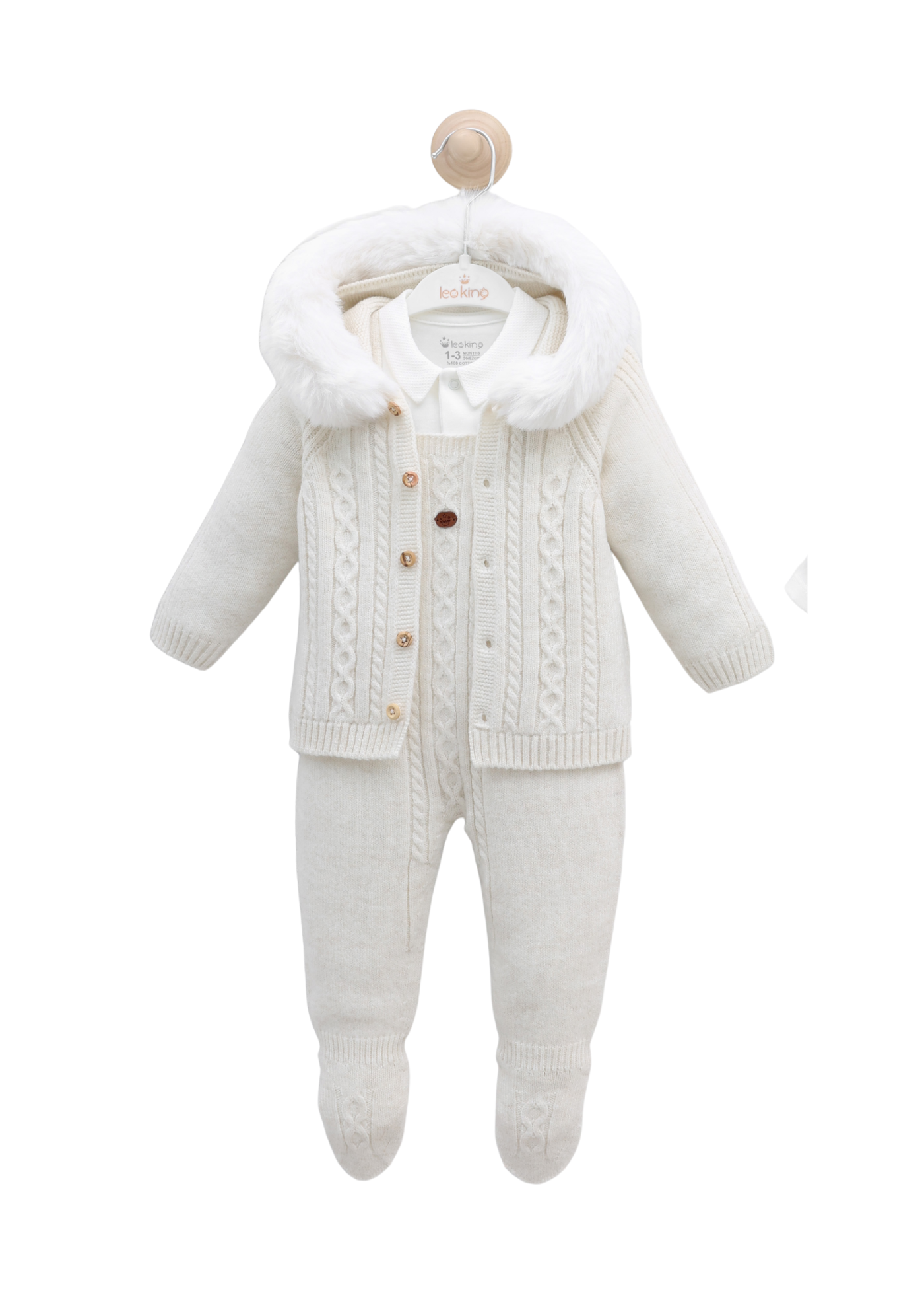 Set 3 Piese Salopeta Lunga Alba Tricotata si Cardigan cu Lana Merinos si Salopeta Bumbac 9337 Leo King