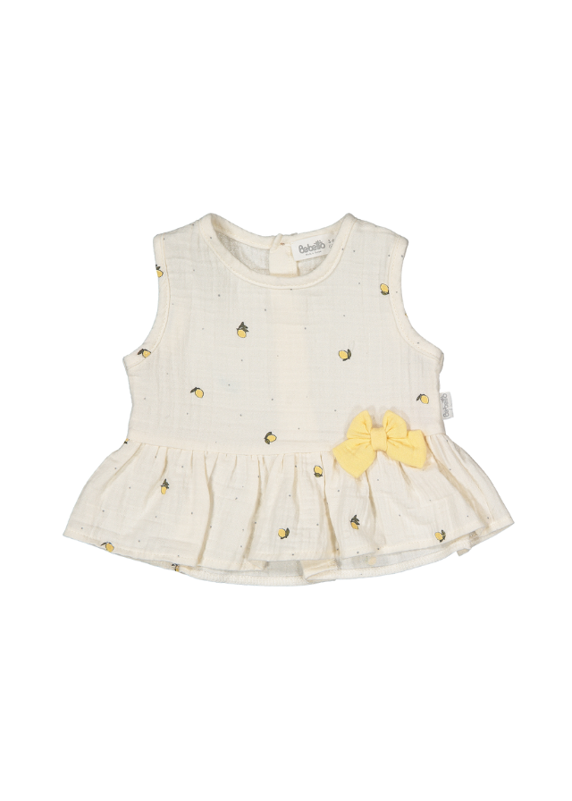 Set 2 Piese Top si Pantaloni Scurti din Muselina Bej cu Imprimeu Lamai Sweet Lemon K4769 Bebetto