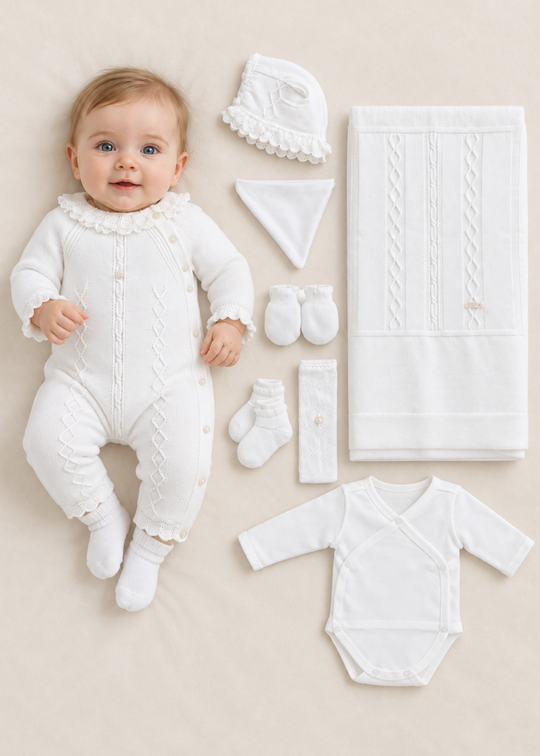 Set Nou-Nascut Tricotat Alb din Bumbac, 7 Piese, pentru Fete 3140 – Leo King