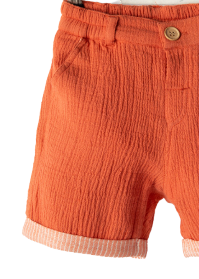 Set 2 Piese Muselina Tricou cu Leu si Pantaloni Scurti Camel M54117 Midimod Gold