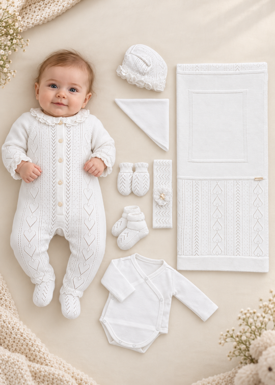 Set Nou-Nascut Tricotat Alb 8 Piese pentru Fete 3150 – Leo King