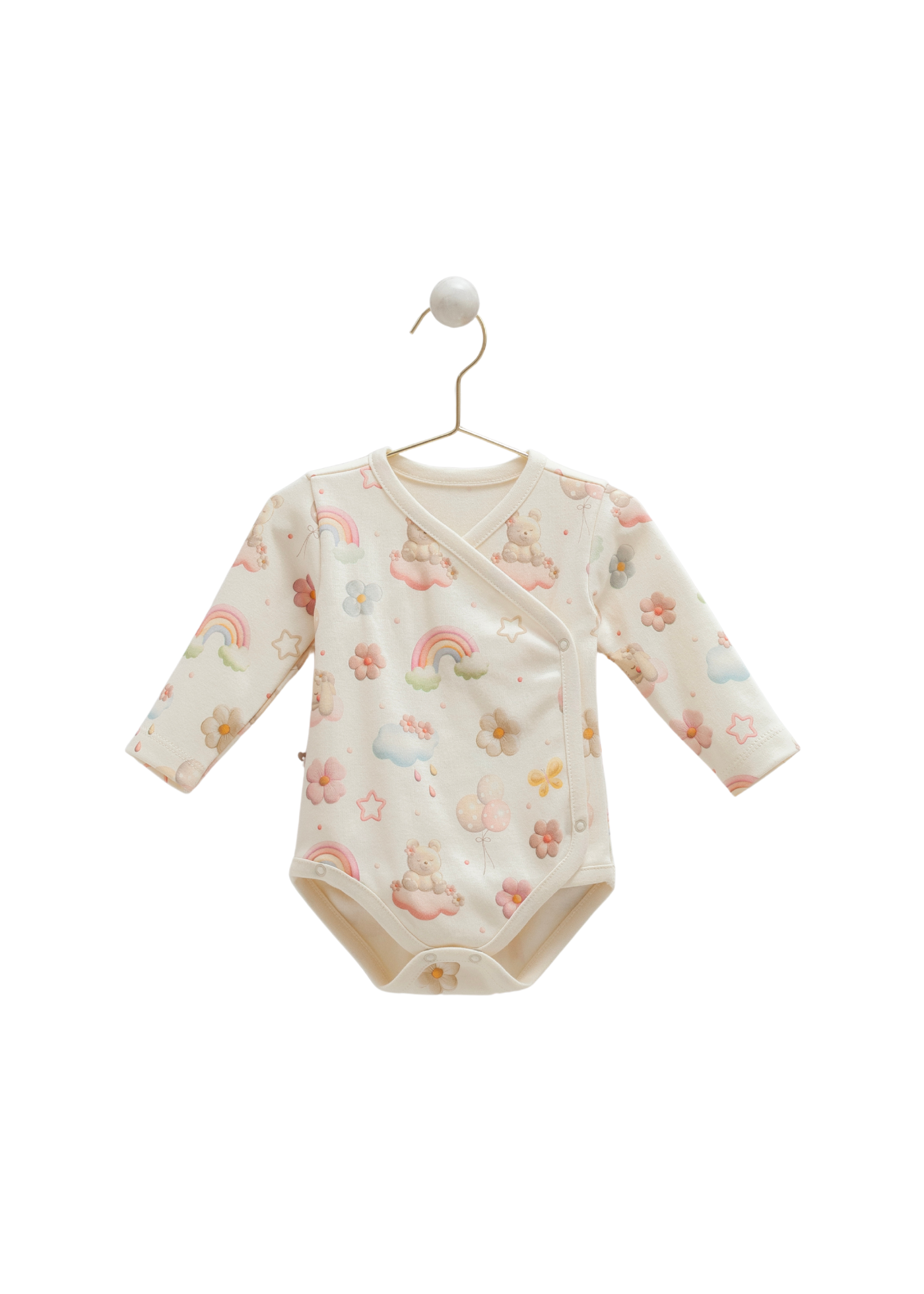 Set 3 Piese Body cu Maneca Lunga si Pantaloni Lungi cu Picior Bej cu Imprimeu si Scutec din Muselina Crem BPB2186 Mell Sweet Bay