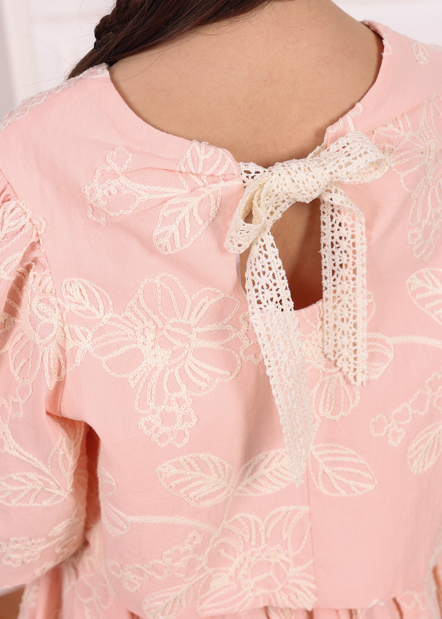 Set 2 Piese Bluza si Fusta Roz cu Broderie Crem 805 Connie Baby