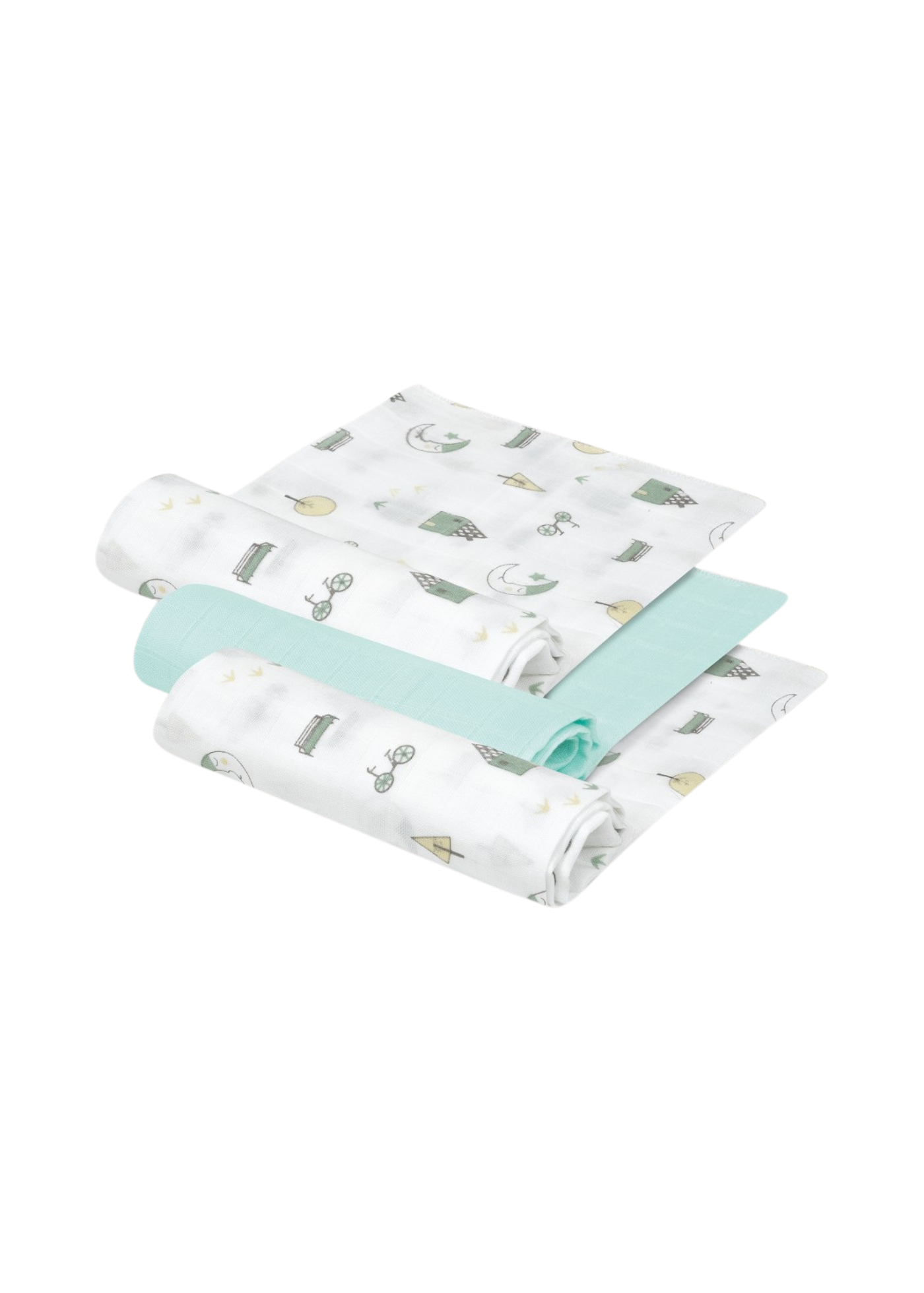 Set 3 Scutece Muselina Bambus Alb-Verde Menta Imprimeu Semiluna –55x70 cm 98976-58 InterBaby