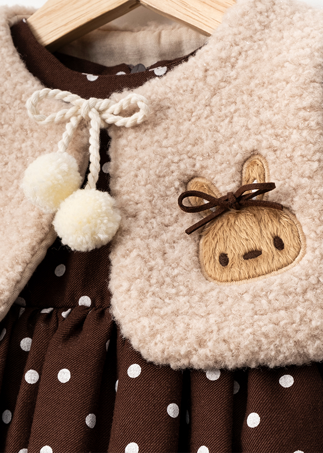 Long sleeve brown dress with polka dots and beige fur vest art 3585 Mino Baby