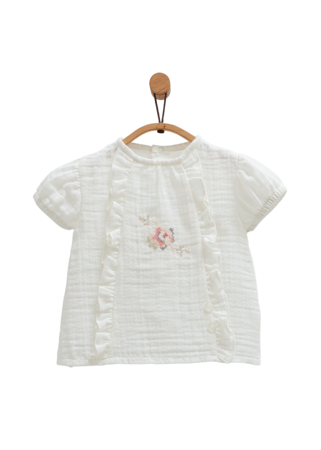 Set 2 Piese Muselina Ecru Bluza cu Maneca Scurta si Pantaloni Scurti Little Girl TKK1662 Mell Sweet Baby