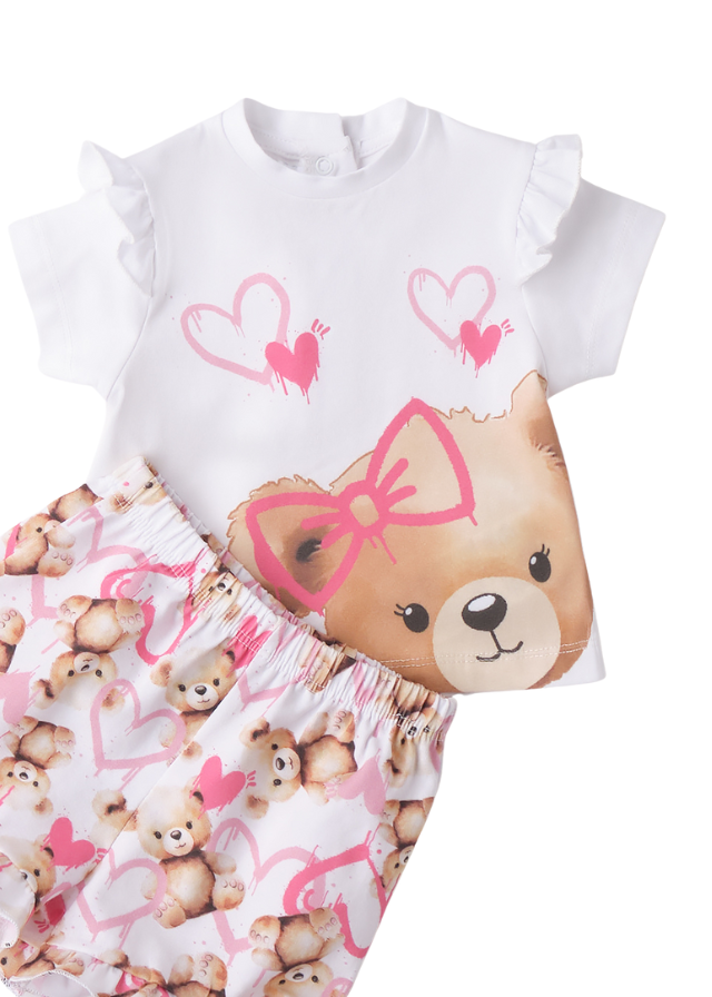 Set 2 Piese Tricou si Pantaloni Scurti Alb cu Imprimeu Ursi si Inimi Roz 3.B753/00 Minibanda