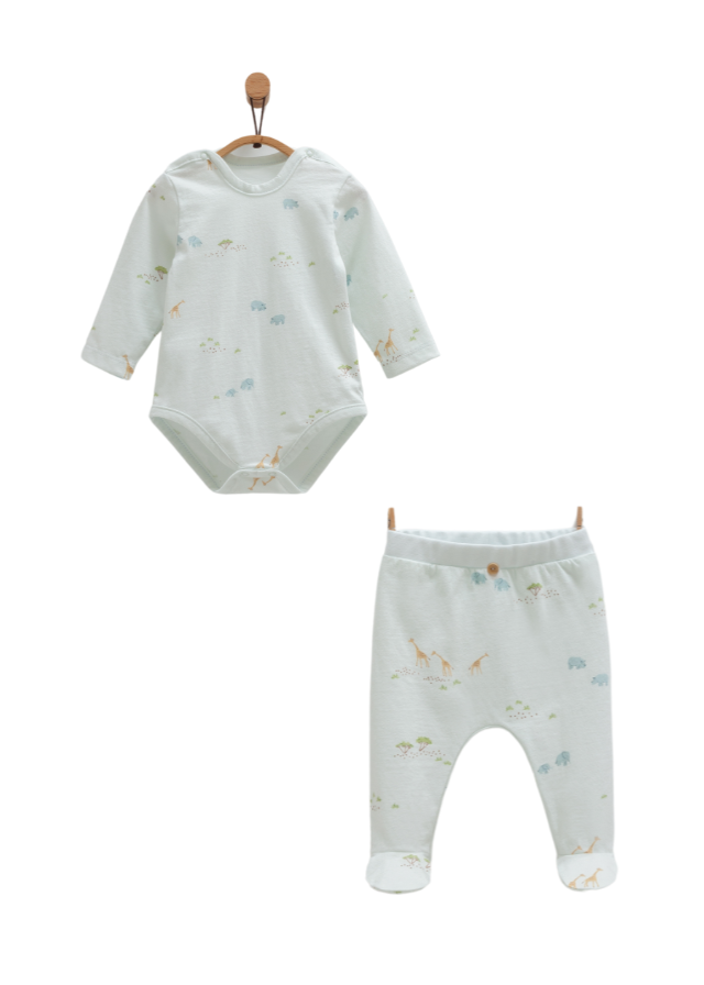 Set Body cu Maneca Lunga si Pantaloni Bleu cu Animale Safari Time BPE1821 Mell Sweet Baby