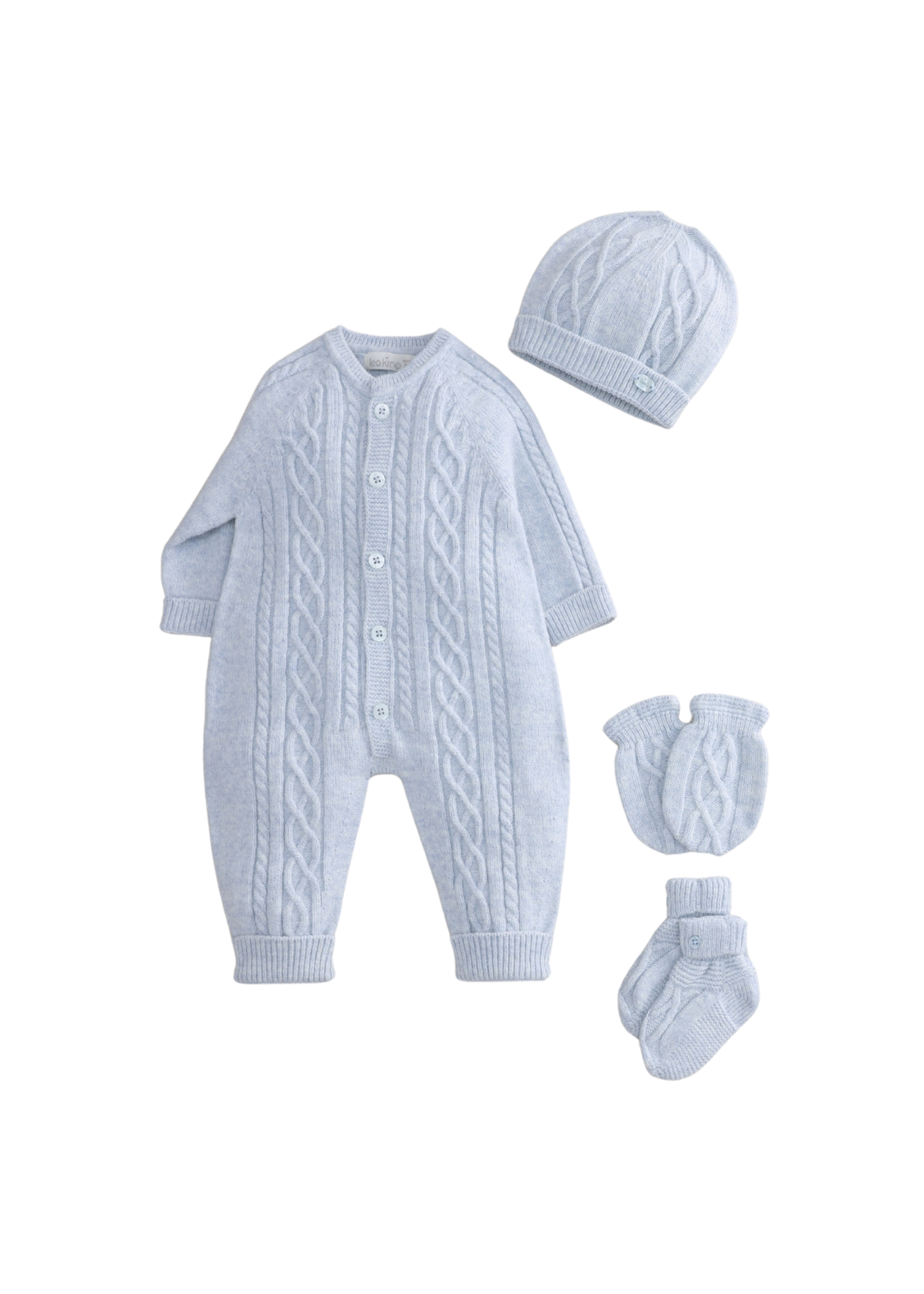 Set Maternitate 9 Piese Tricotat cu Lana Merinos Bleu Salopeta 3430 Leo King