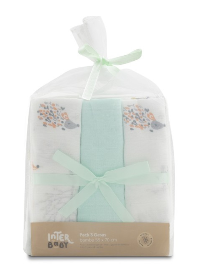 Set 3 Scutece Muselina din Bambus Alb-Verde Menta Imprimeu Copaci 55x70 cm 98975-58 Interbaby