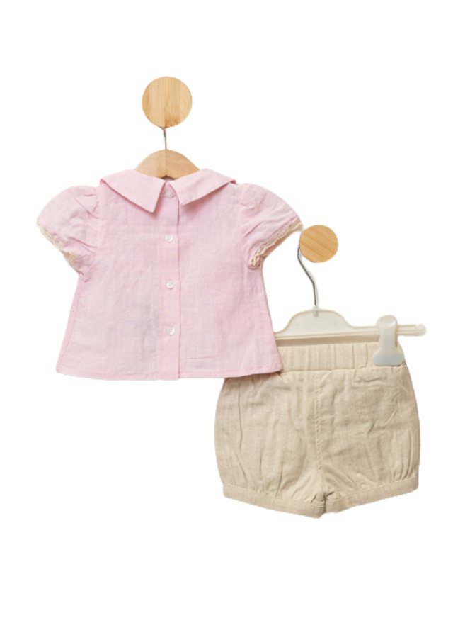 Set 2 Piese Bluza Roz cu Maneca Scurta si Guler si Pantaloni Scurti 6614 Bili Baby